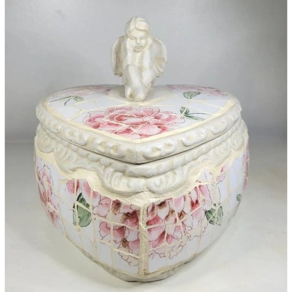 RARE Shabby Chic Vintage Rose Mosaic Angel Keepsake Heart Box - Picture 1 of 11